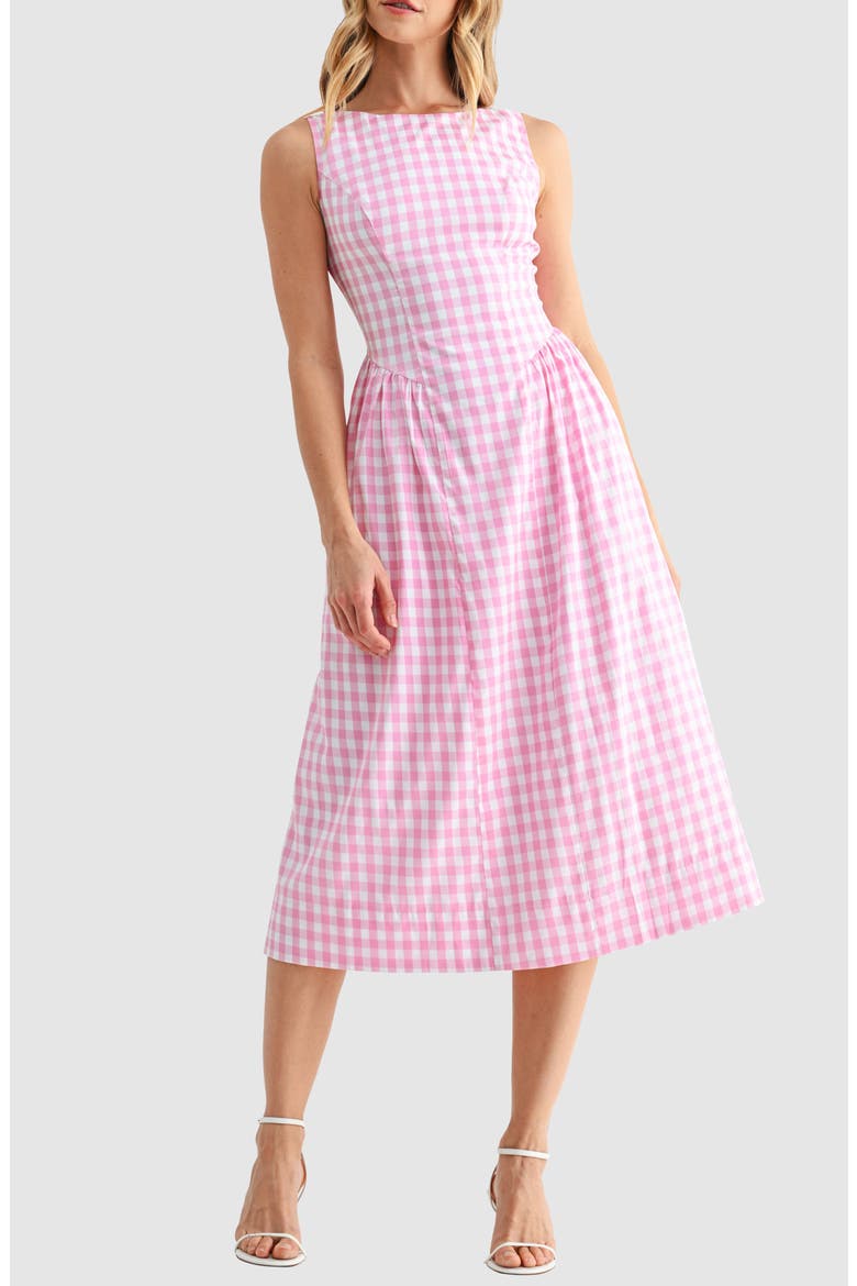 Gingham Fit & Flare Midi Dress, Alternate, color, PINK GINGHAM