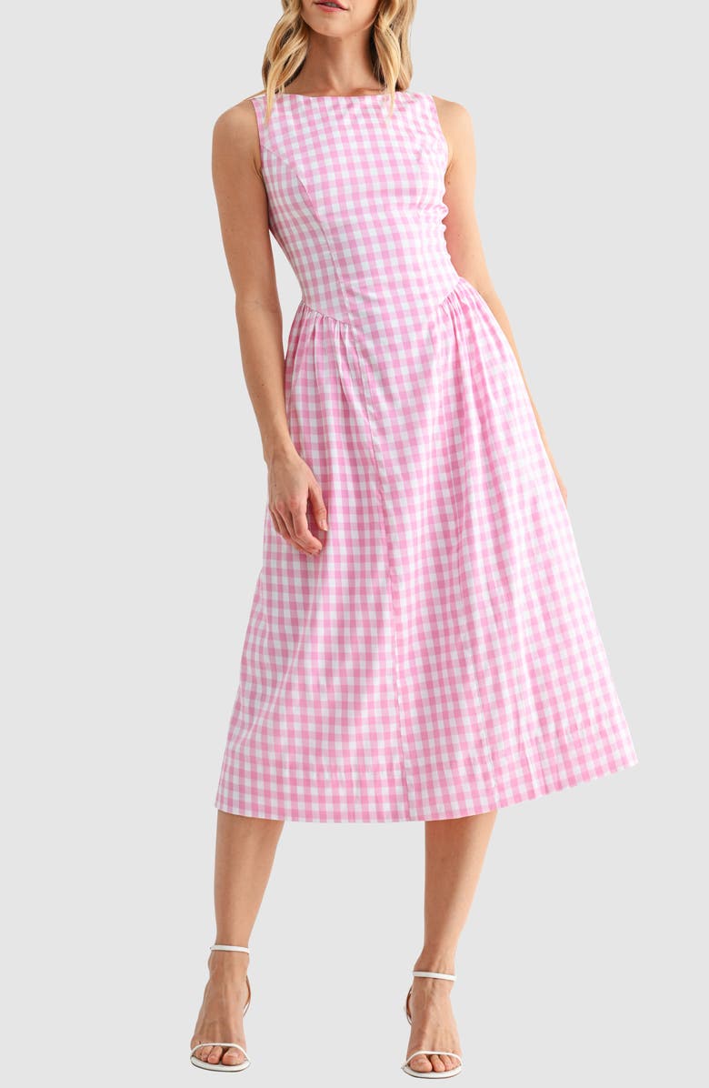 All in Favor Gingham Fit & Flare Midi Dress, Alternate, color, Pink Gingham