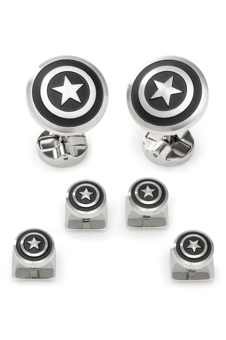 x Marvel Captain America Shield Cuff Link & Stud Set, Main, color, SILVER