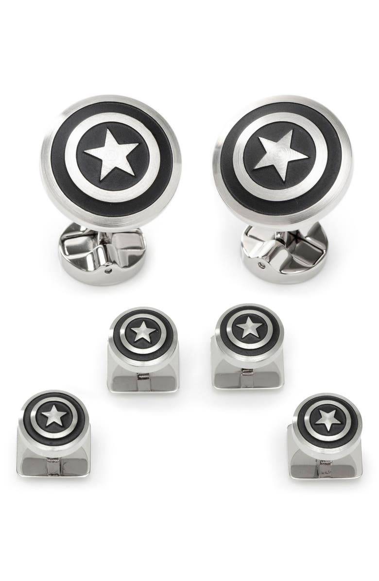 Cufflinks, Inc. x Marvel Captain America Shield Cuff Link & Stud Set, Main, color, Silver
