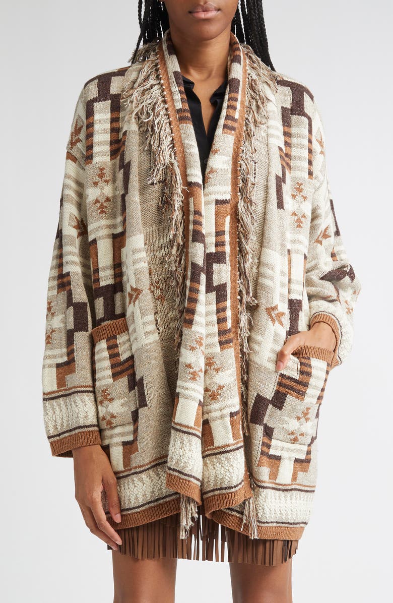 L'AGENCE Jair Geo Pattern Fringe Cardigan, Main, color, Natural Multi