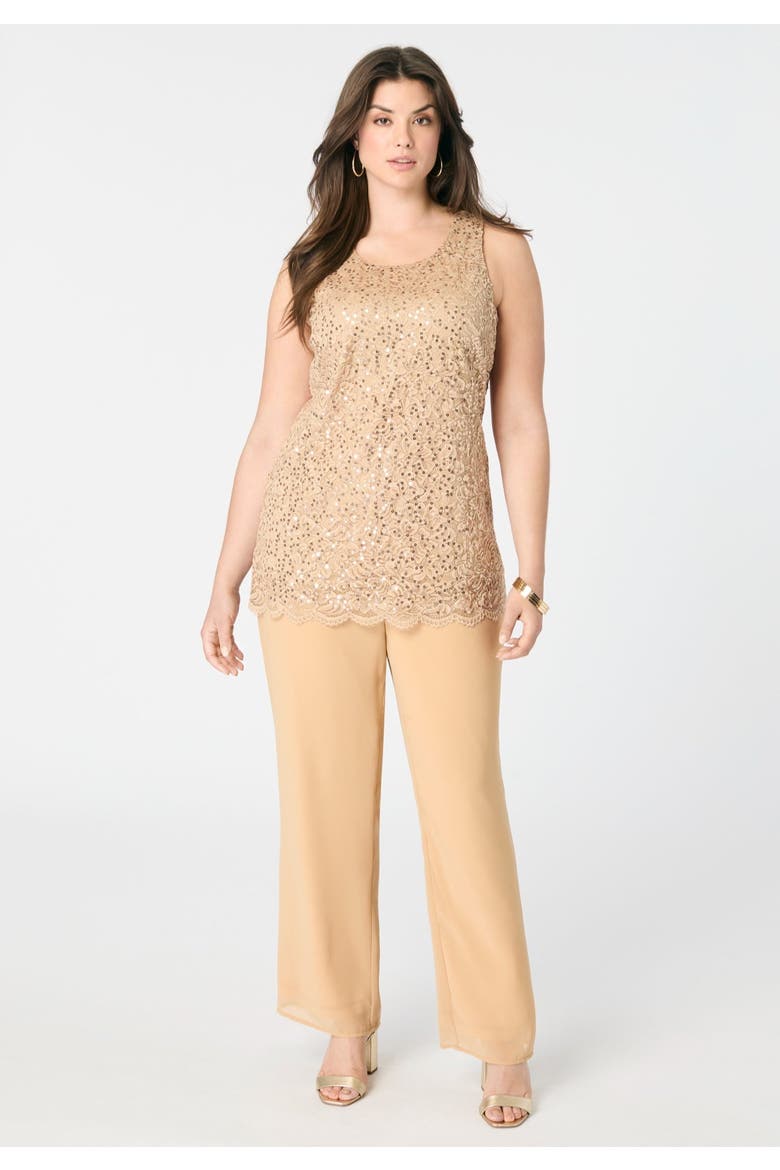 Plus Size 3 Piece Allover Sequin Lace Jacket And Tank Pant Set, Alternate, color, SPARKLING CHAMPAGNE