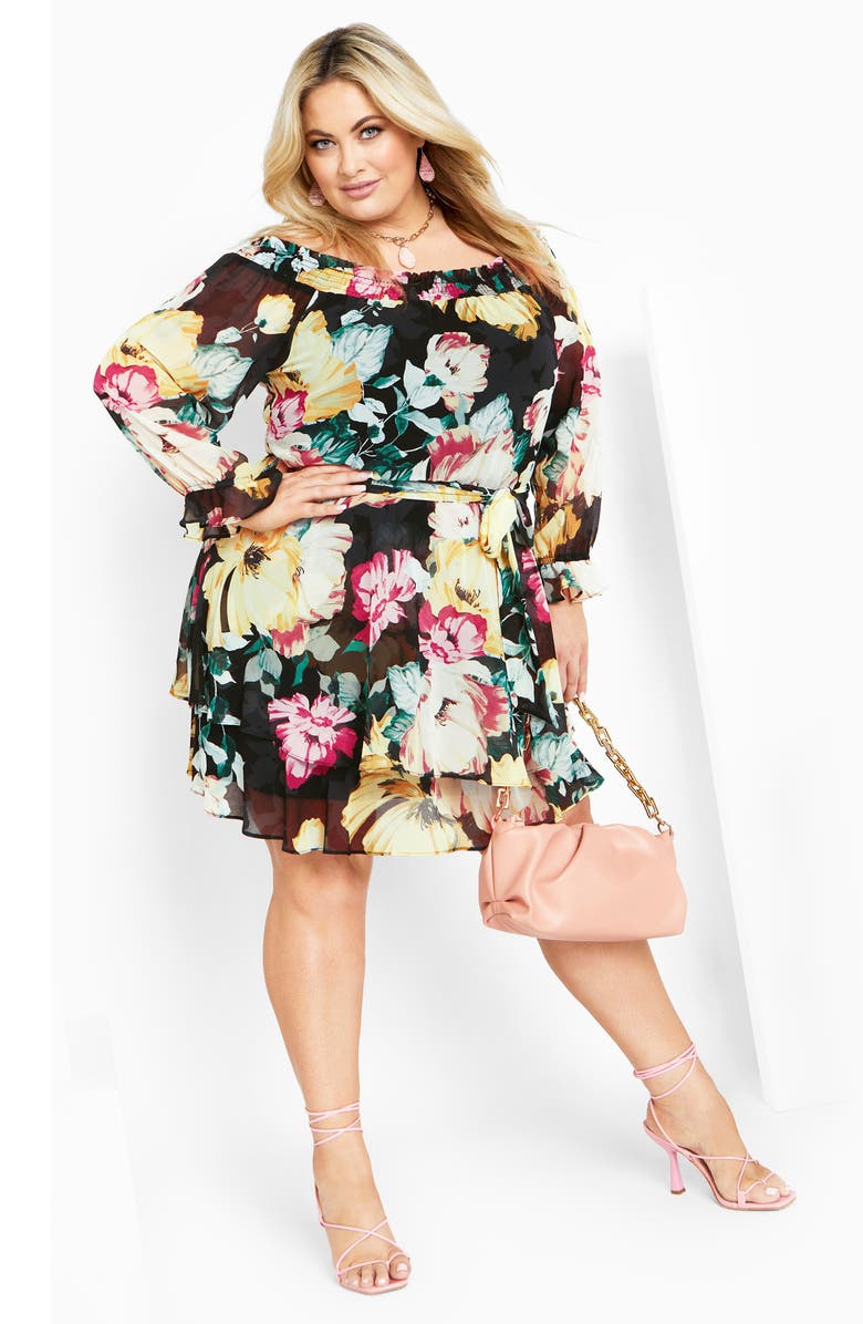 City Chic Odessa Off the Shoulder Long Sleeve Dress, Alternate, color, Black Bloom