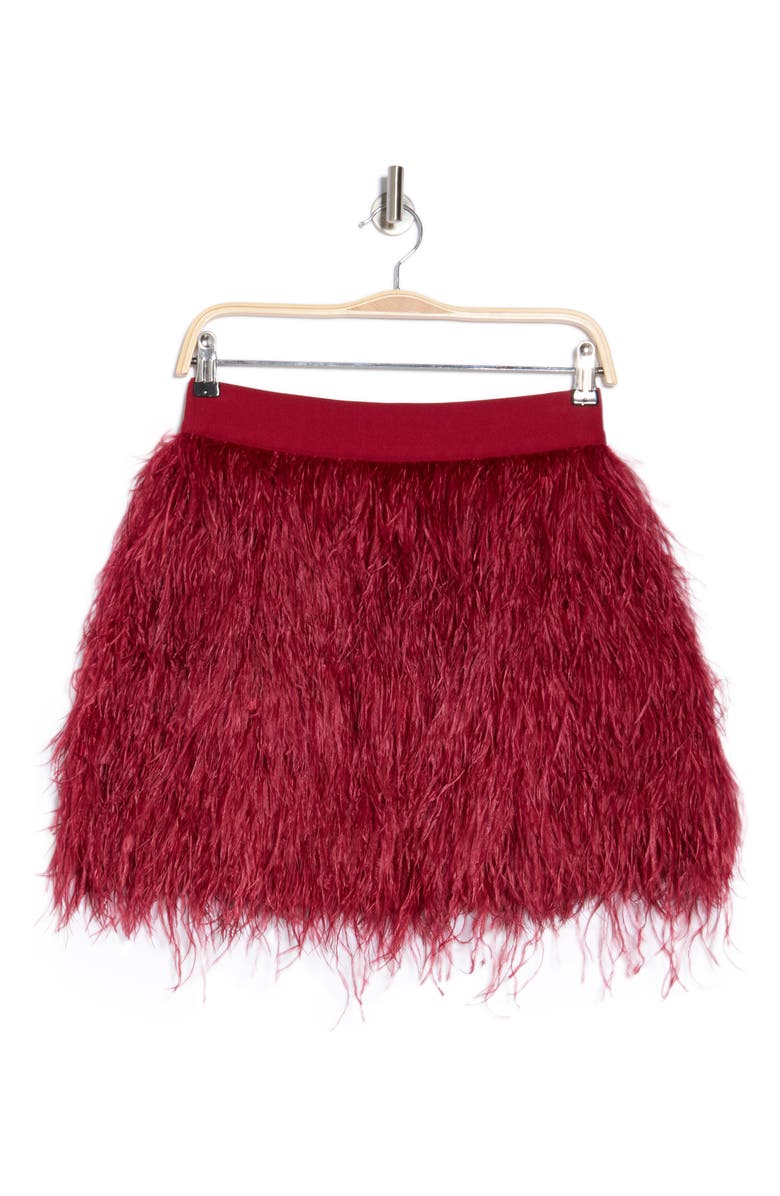 Alice + Olivia Cina Ostrich Feather Miniskirt, Alternate, color, Bordeaux