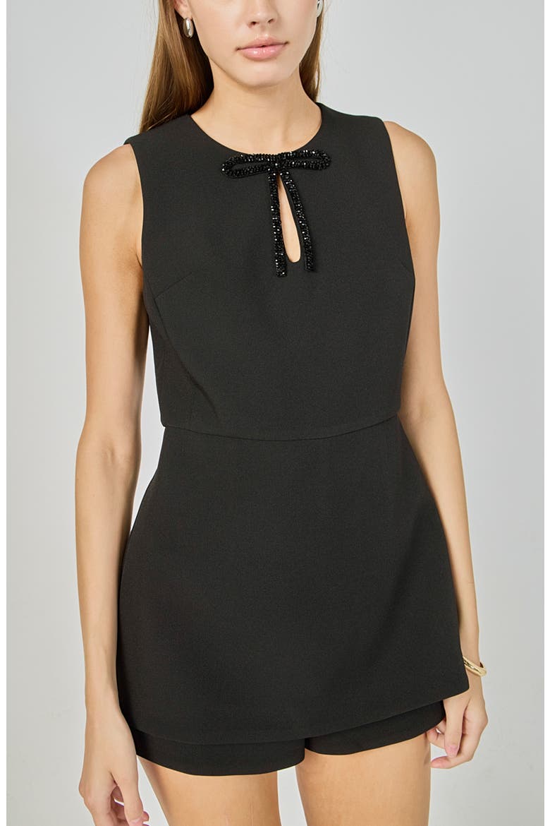 Bow Trimmed Sleeveless Romper, Alternate, color, BLACK