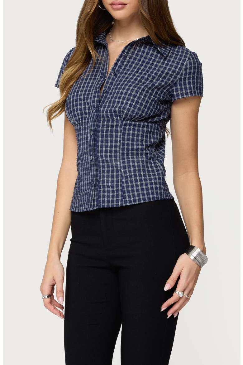 Oriya Gingham Button-Up Blouse, Alternate, color, NAVY