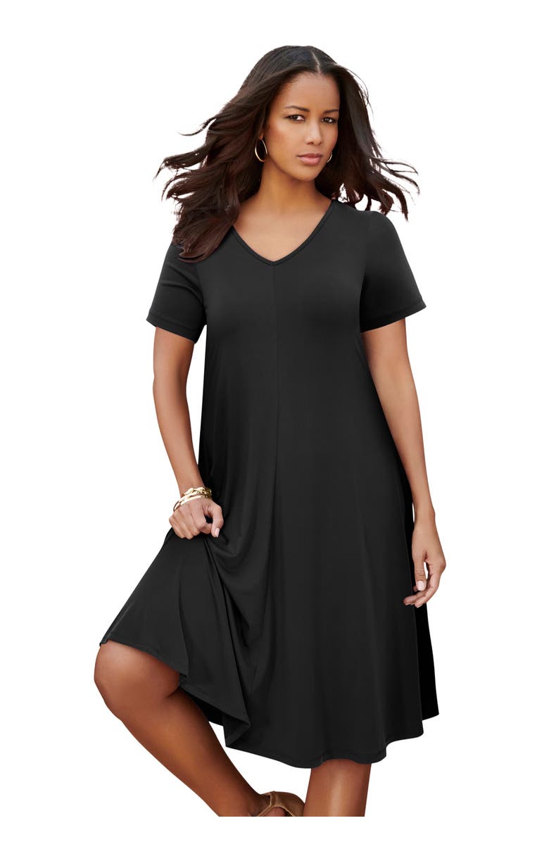 Roaman's Plus Size Short Sleeve Sleeve Swing Dress, Main, color, Black