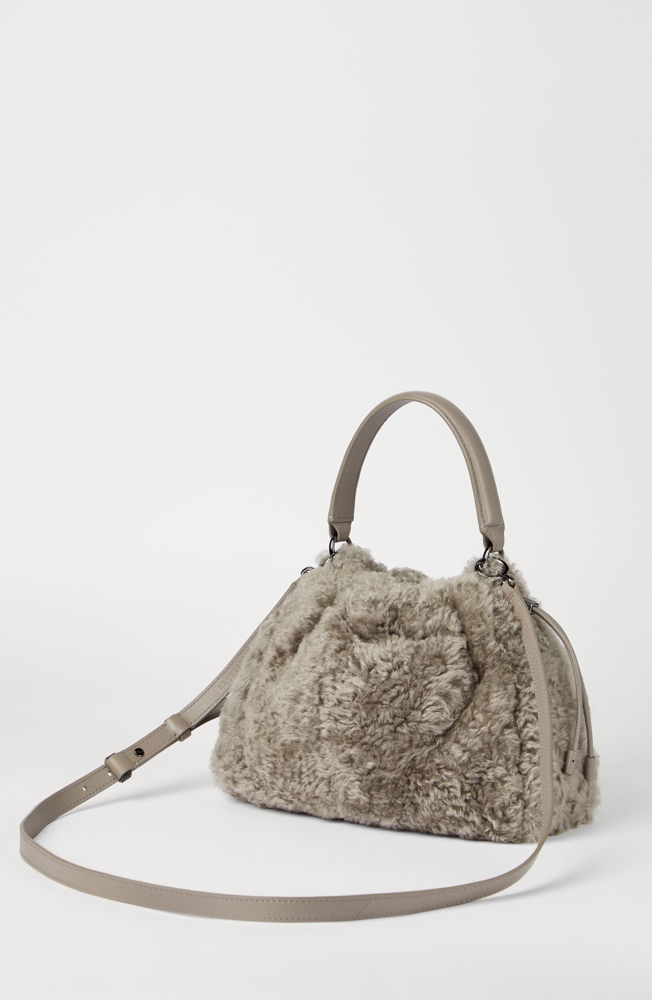 Brunello Cucinelli Shearling Mellow small bucket bag, Alternate, color, Light Brown