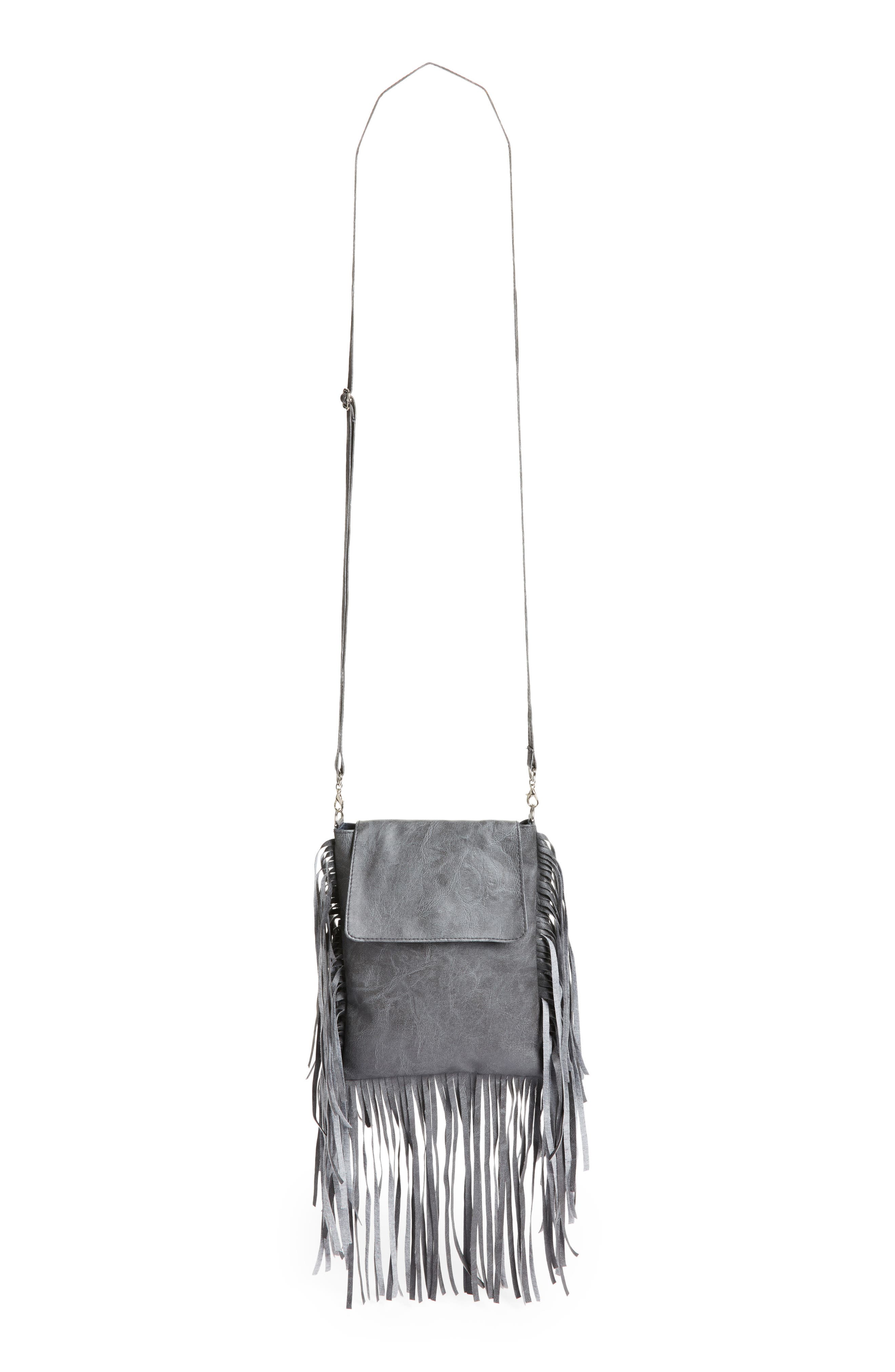 Fringe Faux Leather Crossbody Bag, Alternate, color, GREY