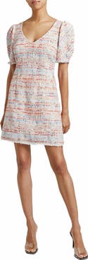 Santorelli Bianca Tweed Shift Dress with Puff Sleeves