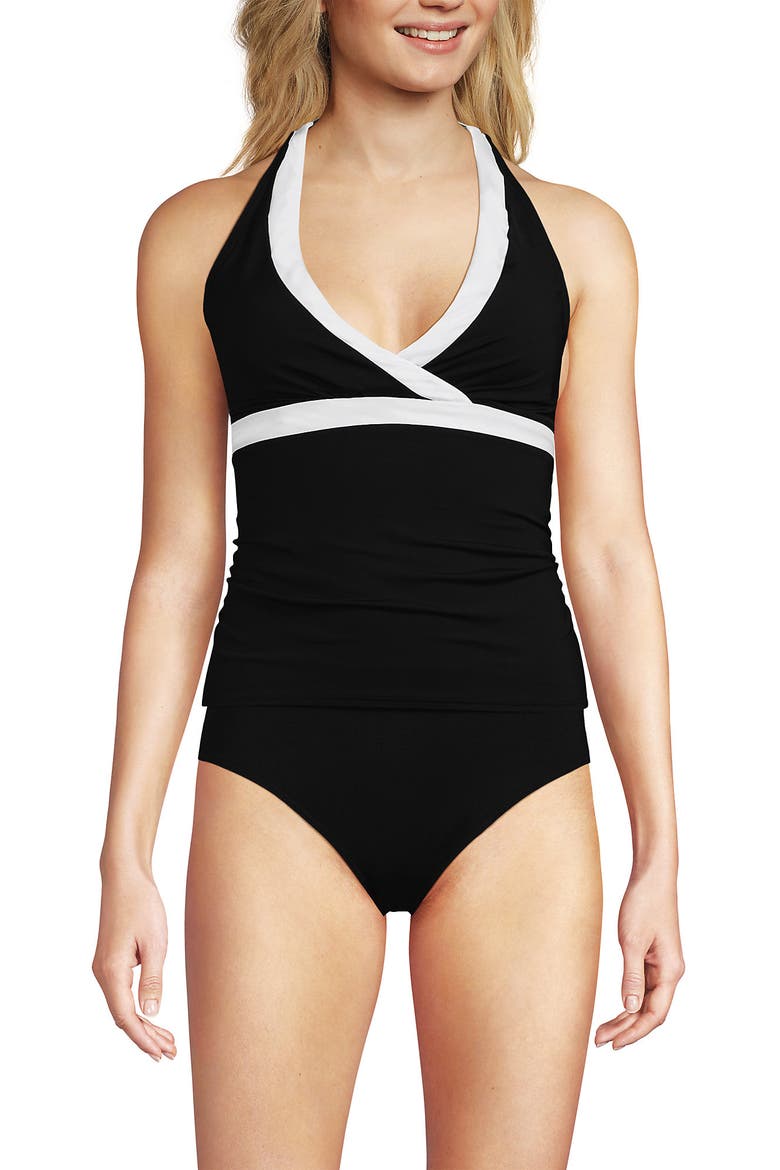 D-Cup Chlorine Resistant V-neck Halter Tankini Swimsuit Top, Alternate, color, Black/White