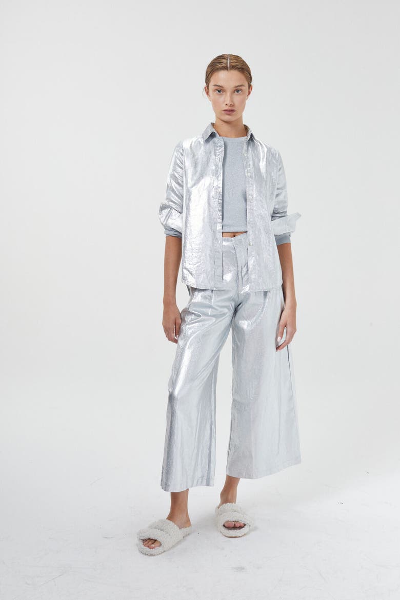 Culotte Metallic Linen Pant, Alternate, color, Metallic Silver