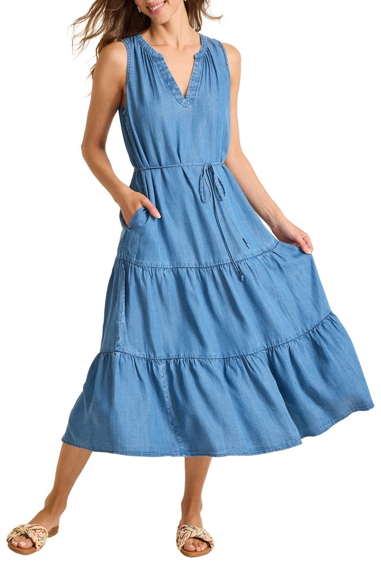 Chambray O'Lei Tiered Midi Dress, Alternate, color, MED INDIGO WASH