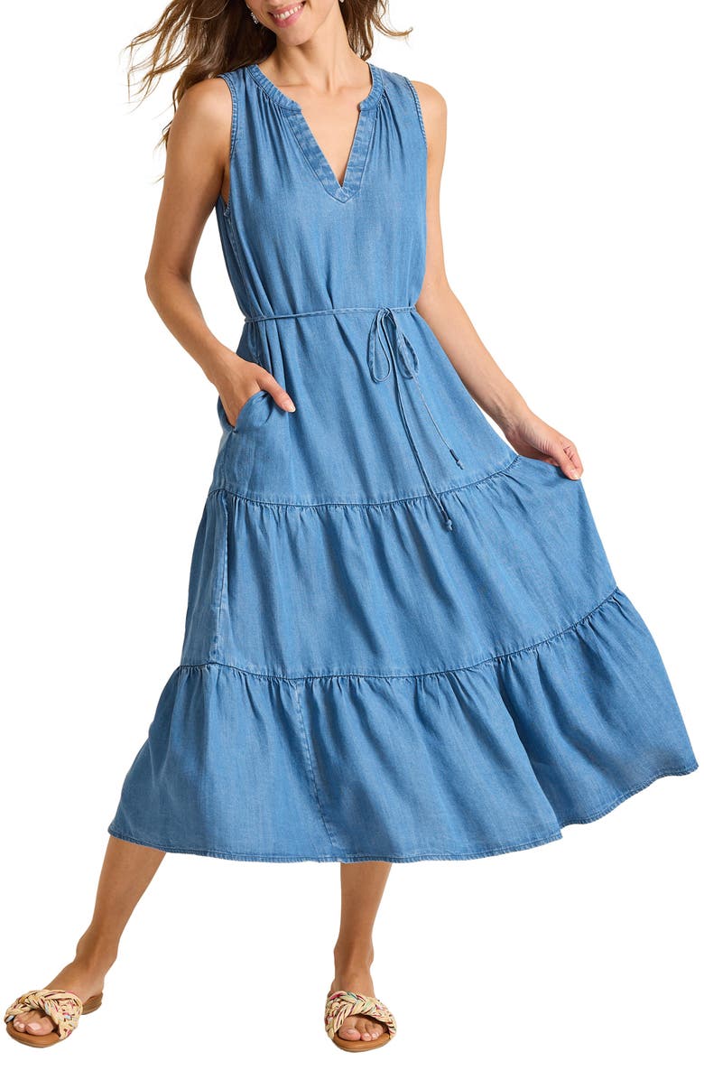 Tommy Bahama Chambray O'Lei Tiered Midi Dress, Alternate, color, Med Indigo Wash