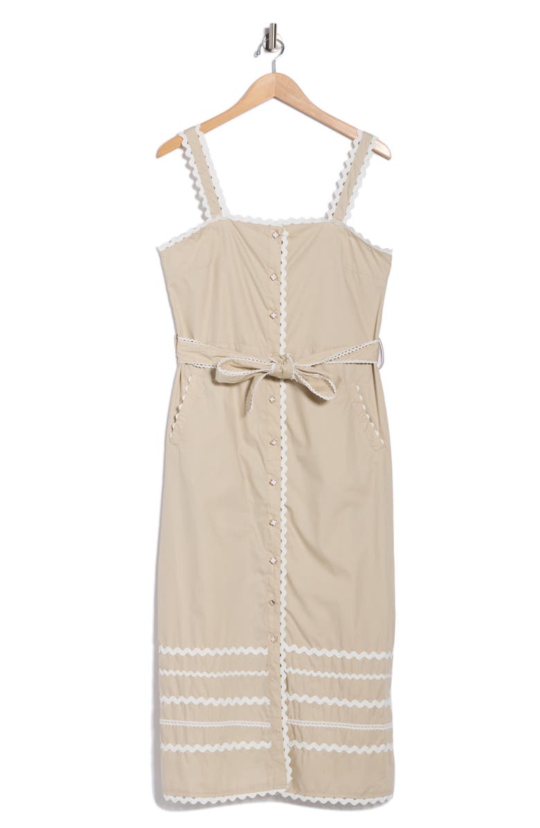 Ellen Tracy Cotton Poplin Rickrack Midi Dress, Main, color, Stone