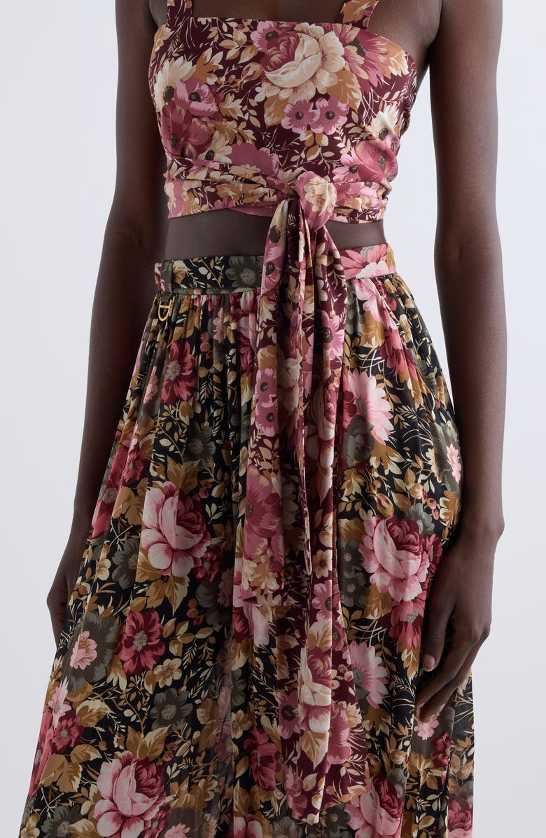 Chloé Floral Print Tie Front Silk Twill Crop Top, Alternate, color, Maroon Pink