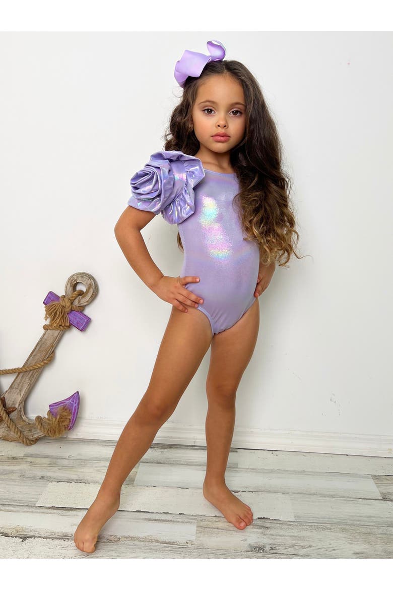 Blooming Rose Sleeve Metallic One Piece Swimsuit, Alternate, color, Purple