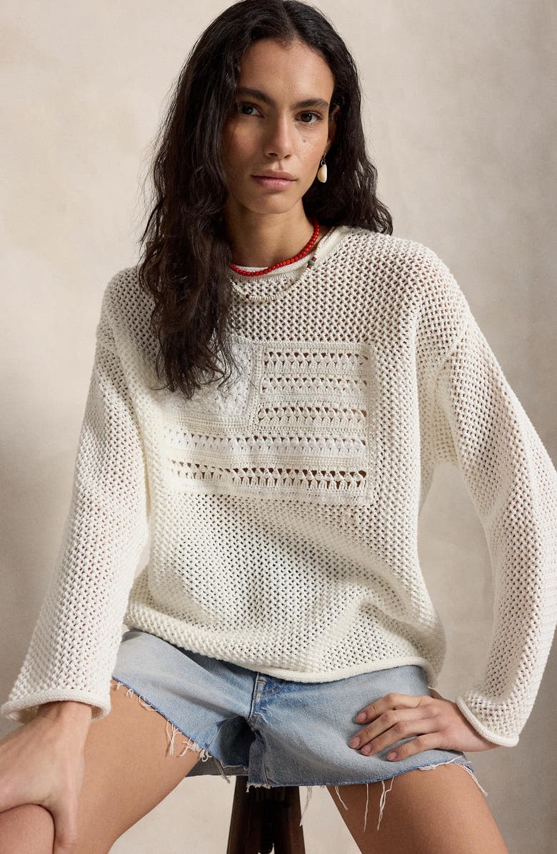 Polo Ralph Lauren Tonal Flag Mixed Open Stitch Cotton Sweater, Alternate, color, White Multi