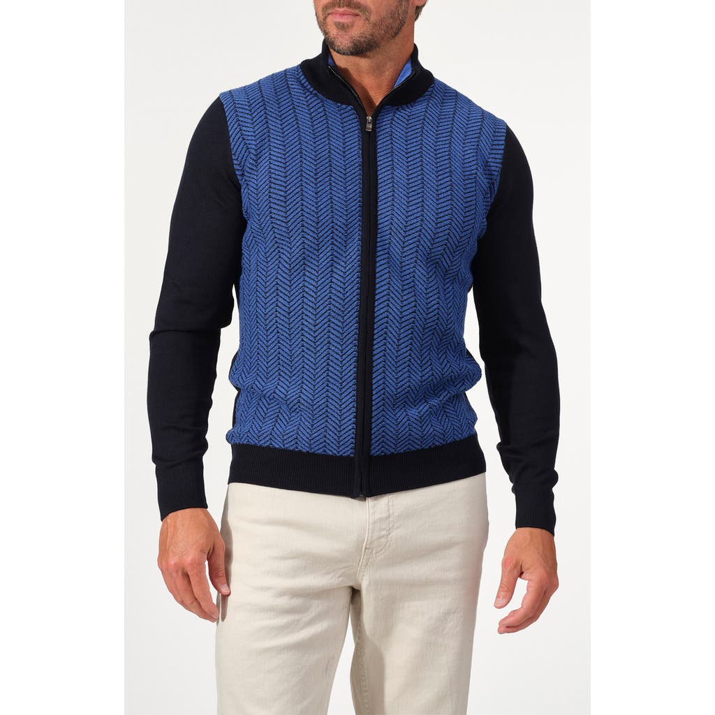 Studio Garnet Los Angeles Chevron Merino Wool Full Zip Sweater In Blue