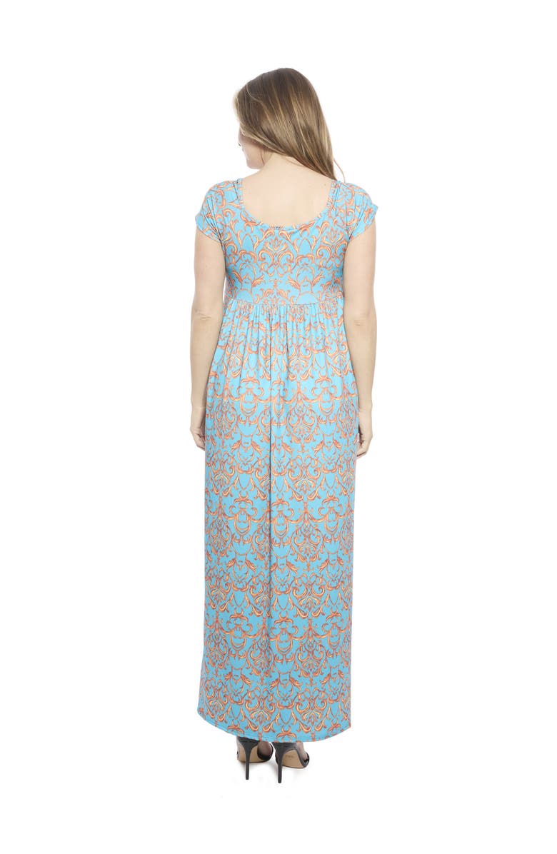 24seven Comfort Apparel Womens Abstract Square Neck Cap Sleeve Pleated A-Line Maxi Dress, Alternate, color, Blue Multi