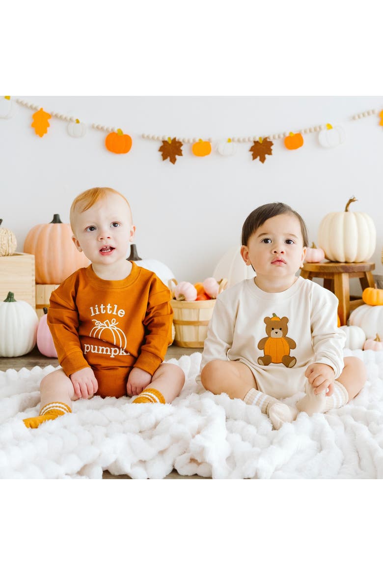 Little Pumpkin Long Sleeve Romper, Alternate, color, Burnt Orange