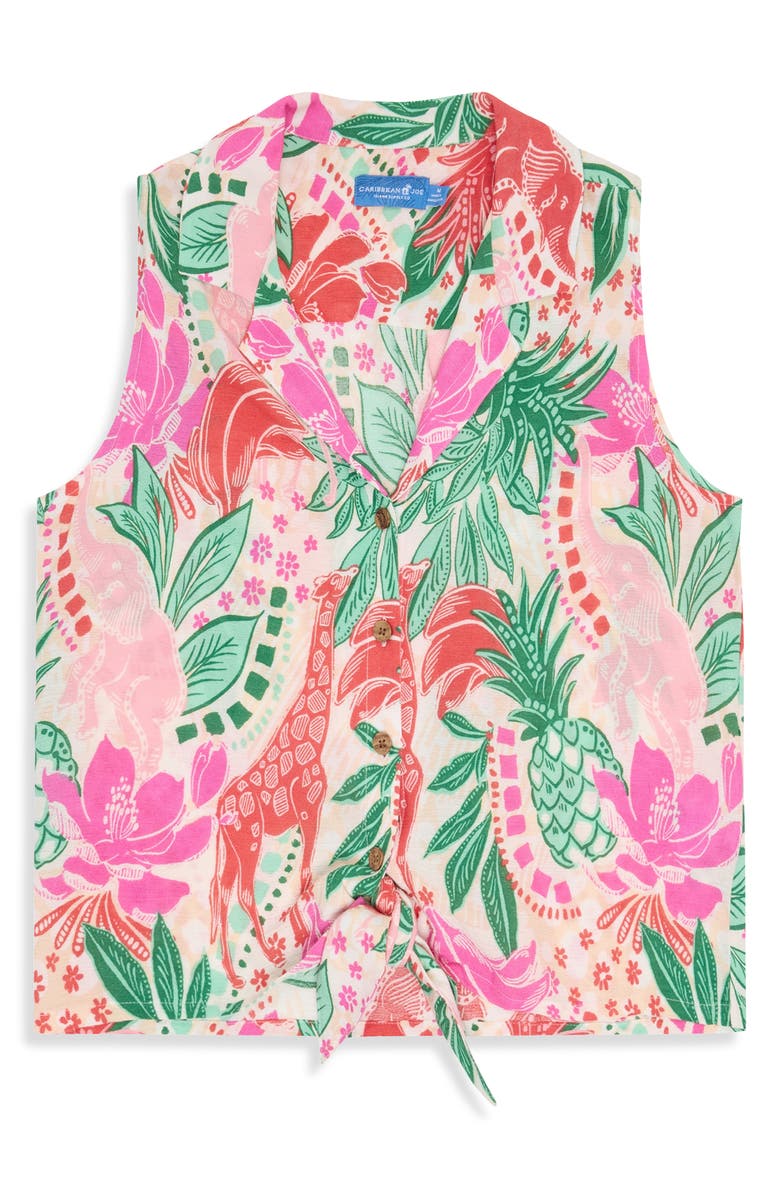 CARIBBEAN JOE Crinkle Tie Front Top, Alternate, color, Beige Multi