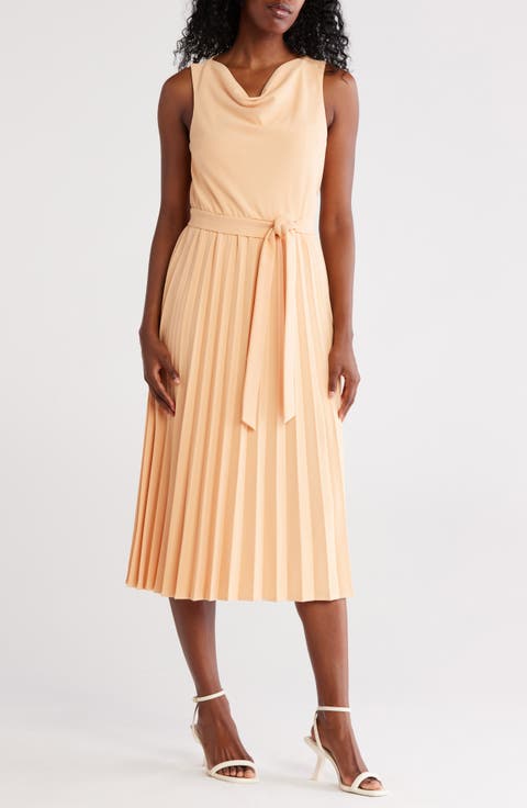 Cowl Neck Sleeveless Pleated A-Line Dress