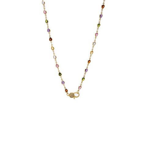 Colored CZ Pear Bezel Pave Clasp Chain Necklace