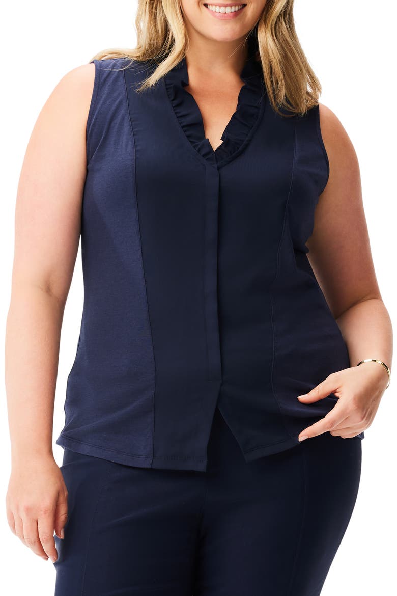Ruffle Around Mixed Media Sleeveless Top, Main, color, DARK INDIGO