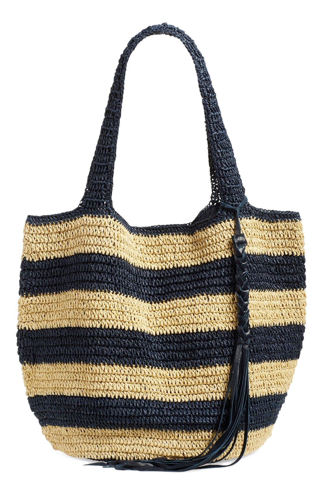 Stripe Crochet Straw Shoulder Bag, Main, color, NAVY STRIPE