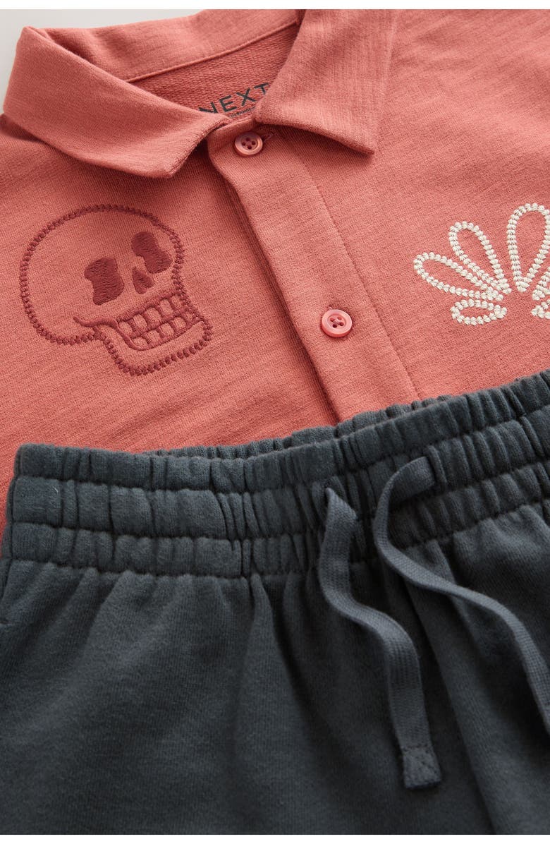 NEXT Kids' Embroidered Short Sleeve Knit Button-Up Shirt & Drawstring Shorts Set, Alternate, color, Dark Coral/ Black