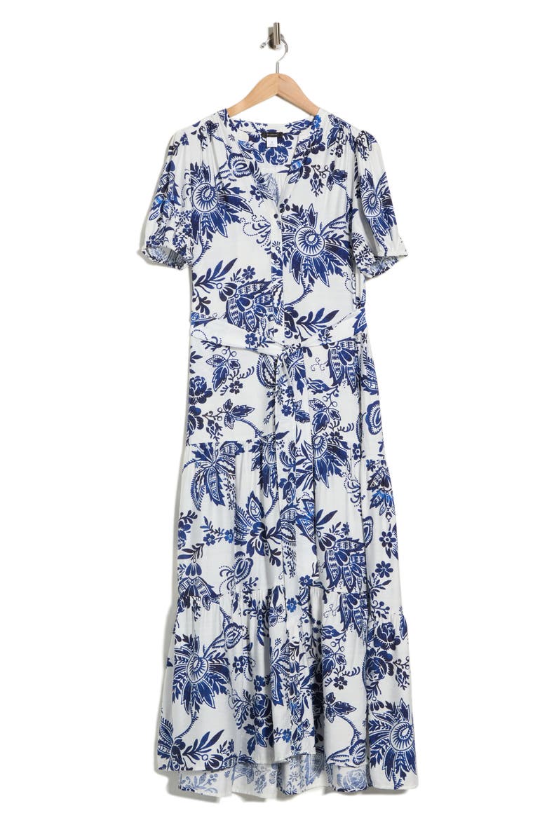 Paisley Puff Sleeve Tiered Maxi Shirtdress, Alternate, color, CLASSIC NAVY