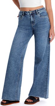 HINT OF BLU Happy Shaggy High Waist Raw Hem Wide Leg Jeans