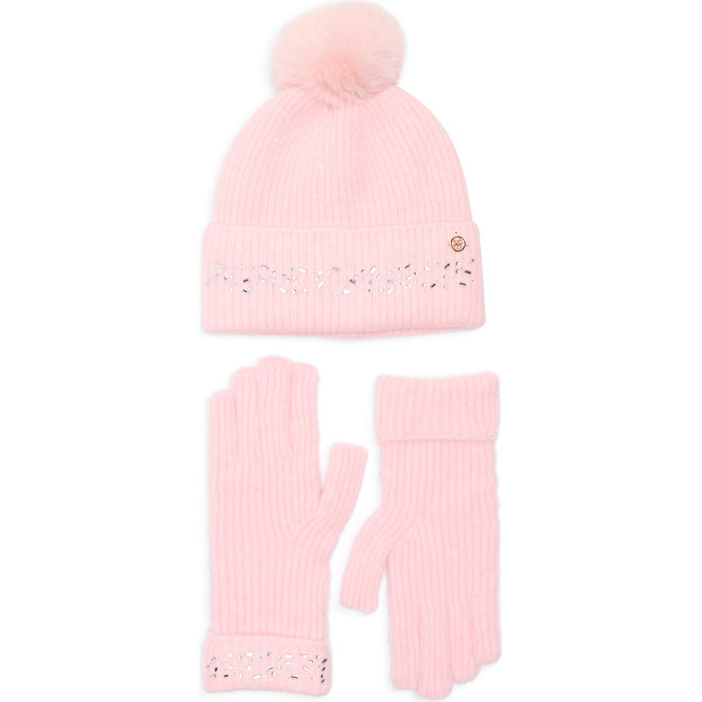 Ted Baker London Crystal Faux Fur Pompom Beanie & Scarf Box Set In Pink