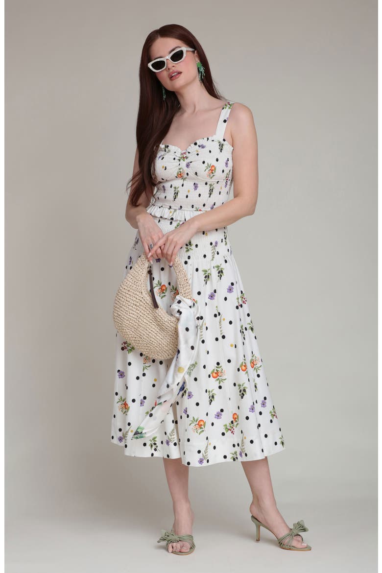 Flower & Polka Dot Smocked Waist Midi Skirt, Alternate, color, CREAM SCATTERED BOTANICAL