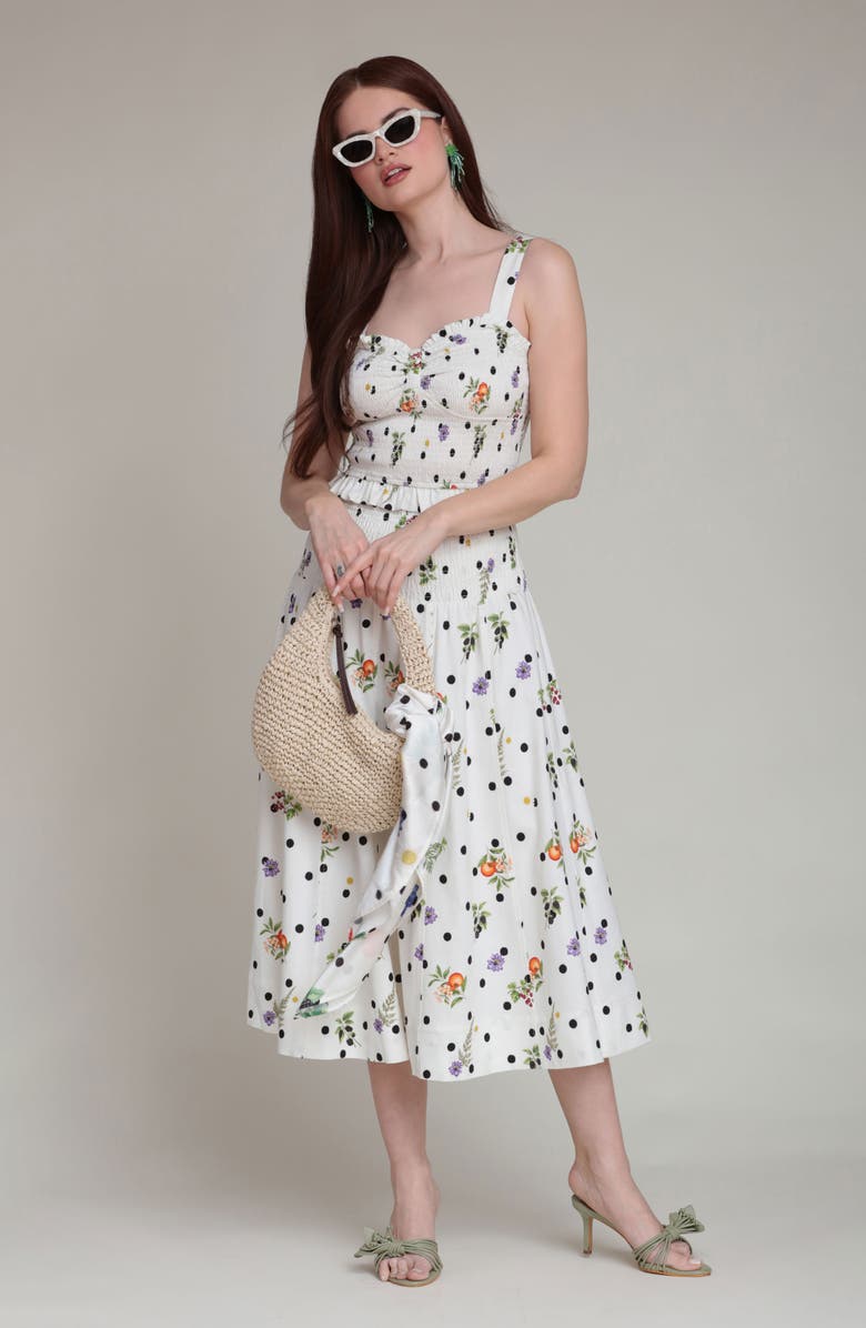Avec Les Filles Flower & Polka Dot Smocked Waist Midi Skirt, Alternate, color, Cream Scattered Botanical