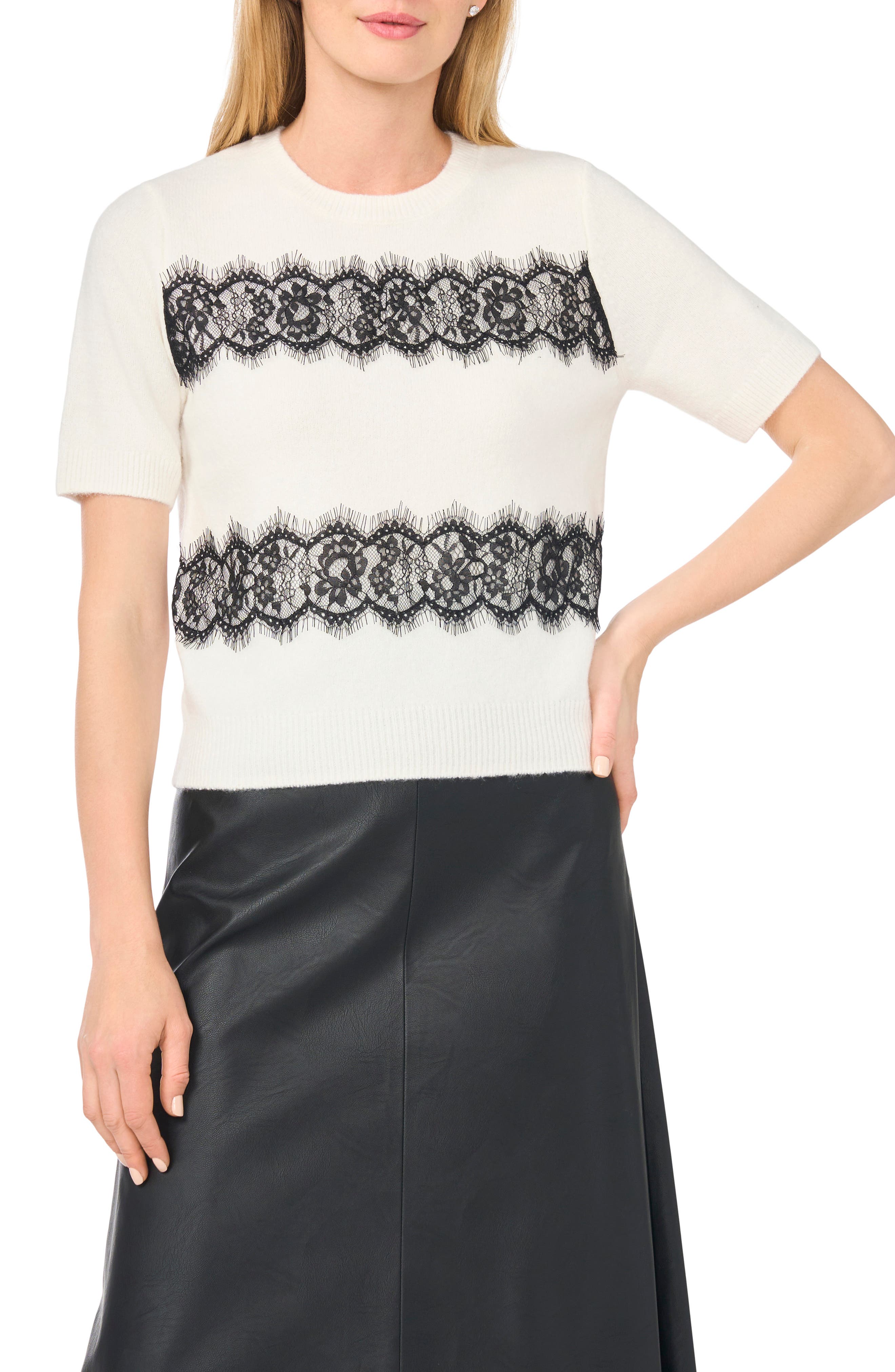 Lace Trim Short Sleeve Sweater