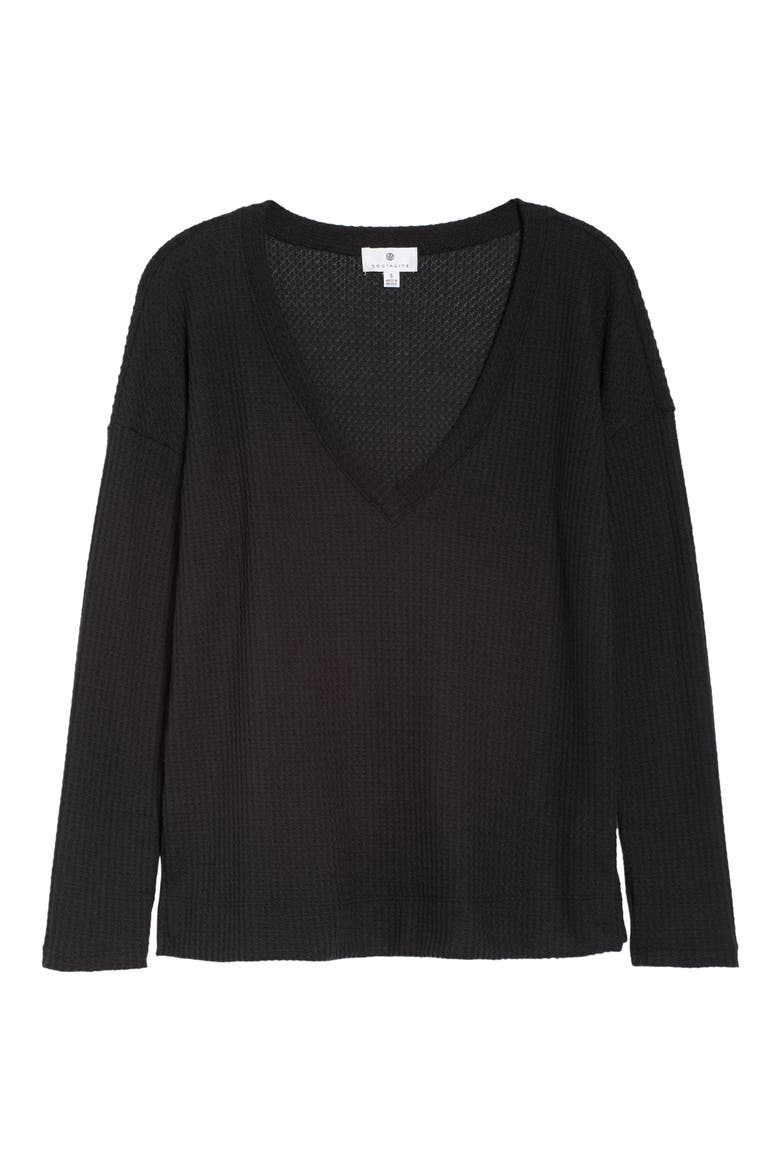 Waffle V-Neck Top, Alternate, color, BLACK