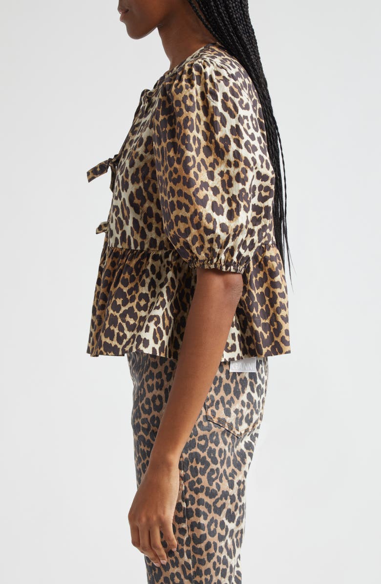 Ganni Leopard Print Tie Front Organic Cotton Top, Alternate, color, 