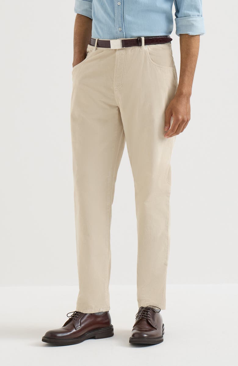Brunello Cucinelli Garment-dyed five-pocket trousers in cotton narrow wale corduroy, Main, color, Sand