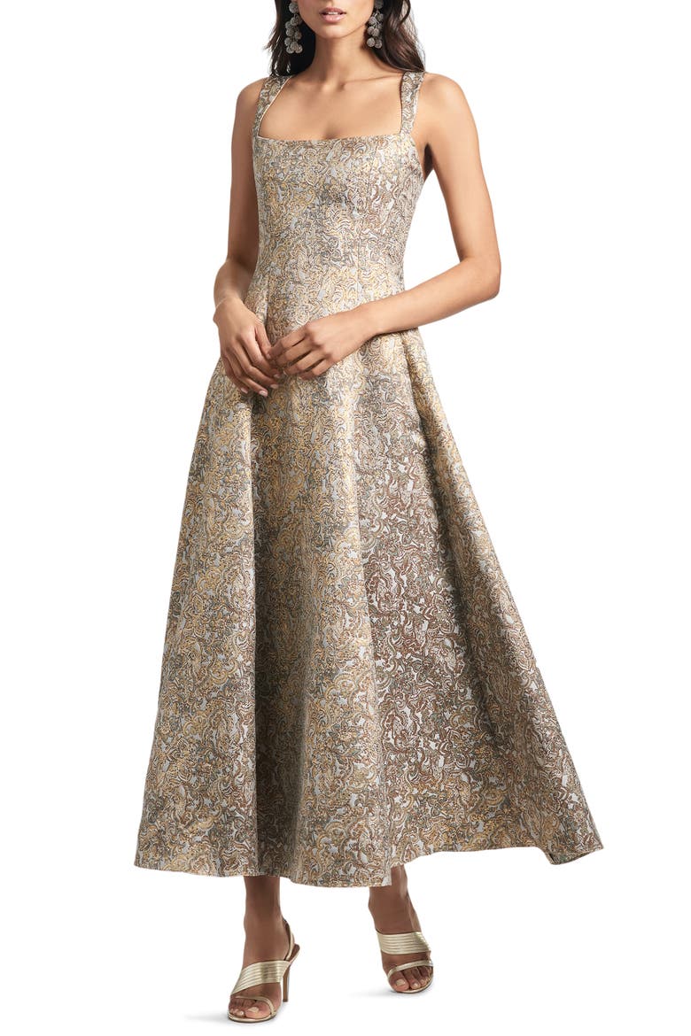 Audrey Metallic Floral Embroidery Gown, Main, color, GILDED FLORAL