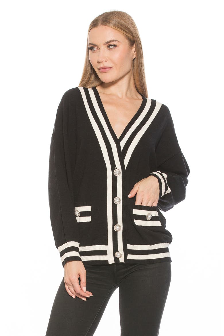 Frances Stripe Trim Cardigan, Alternate, color, BLACK
