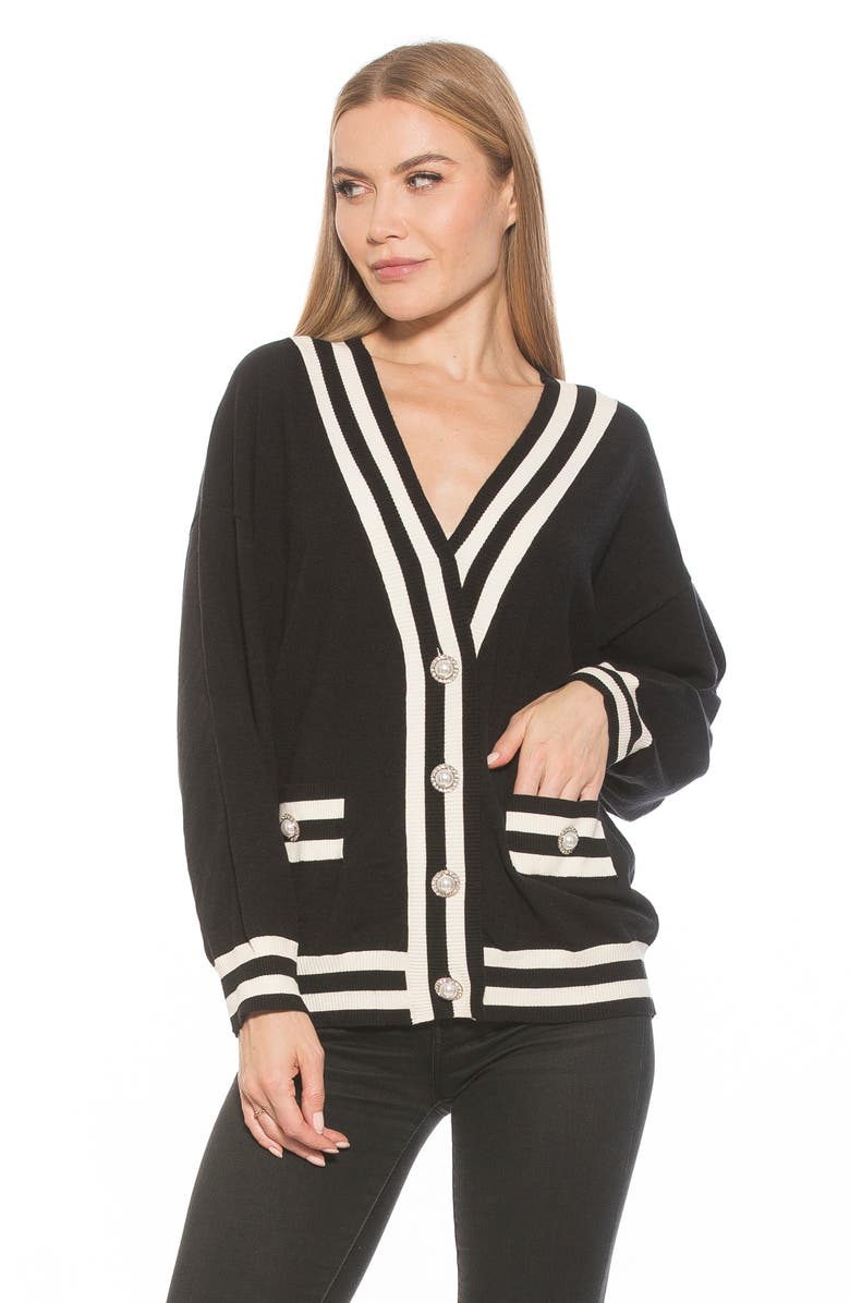 Alexia Admor Frances Stripe Trim Cardigan, Alternate, color, Black