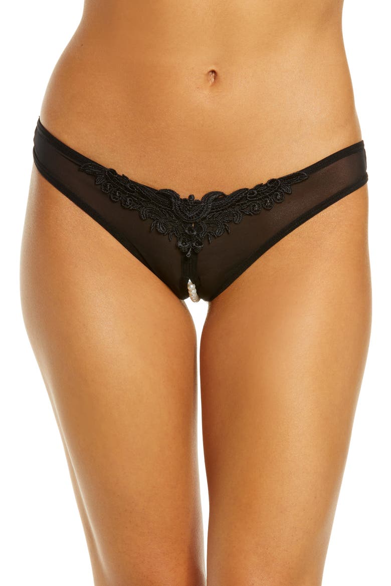 Pearl Trim Open Gusset Mesh Thong, Main, color, BLACK