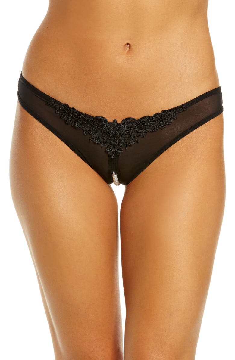 Oh La La Cheri Pearl Trim Open Gusset Mesh Thong, Main, color, 