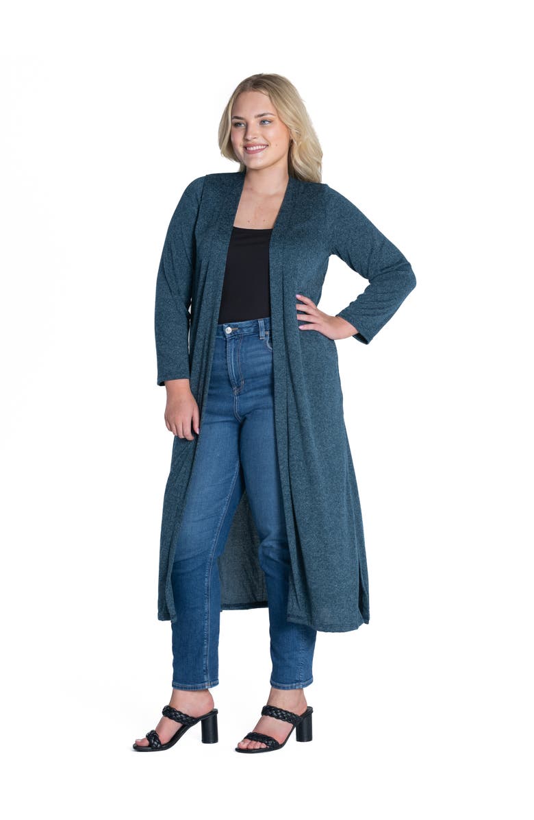 24seven Comfort Apparel Plus Size Long Duster Open Front  Knit Cardigan, Alternate, color, Teal