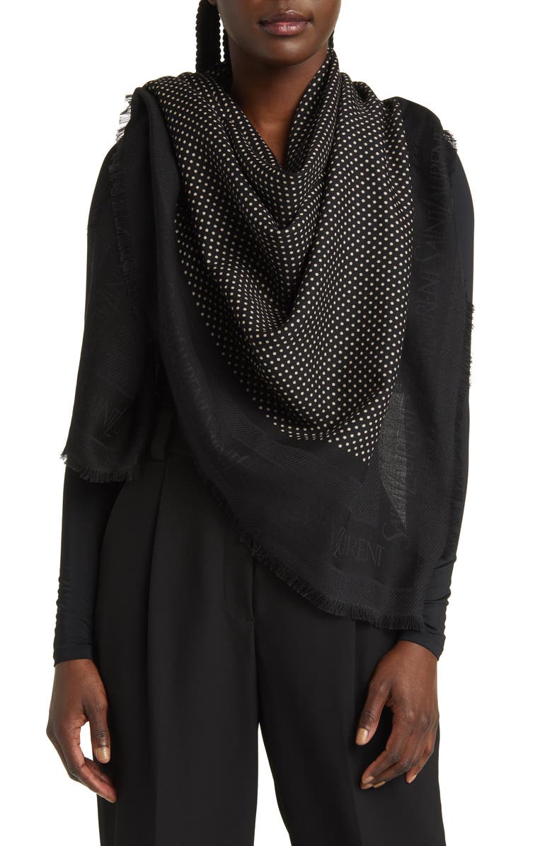 Saint Laurent Dots Logo Border Wool & Silk Square Scarf, Alternate, color,