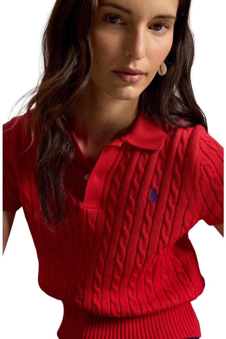 Crop Cable Knit Cotton Polo Sweater, Alternate, color, CRUISE RED