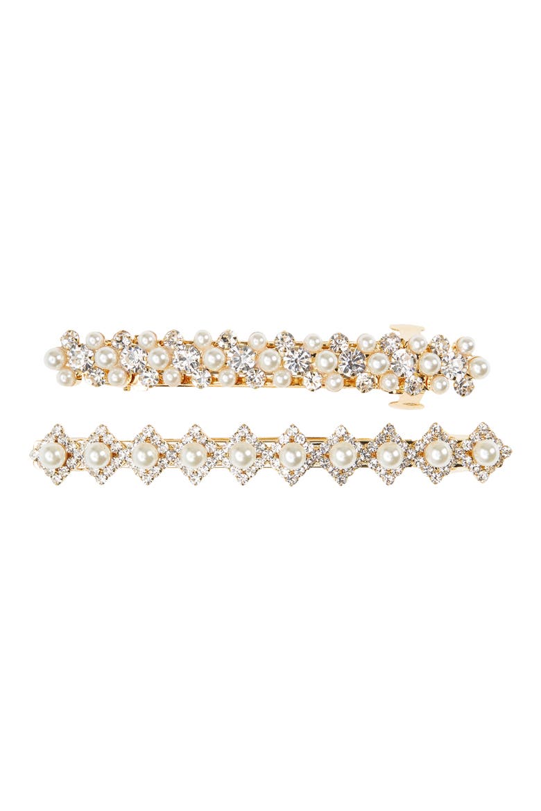 Tasha 2-Pack Assorted Imitation Pearl & Crystal Barrettes, Main, color, GOLD/ IVORY
