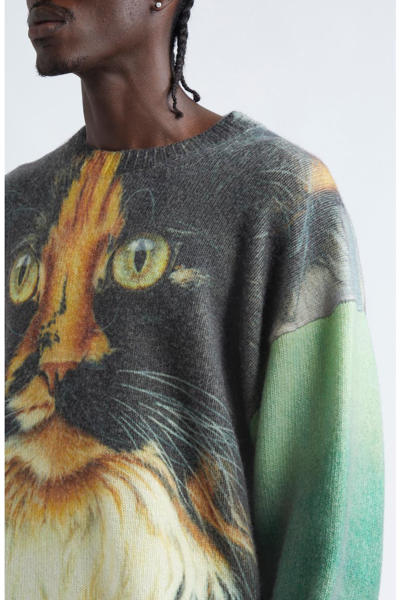 Cat Print Wool & Cashmere Blend Crewneck Sweater, Alternate, color, EMERALD